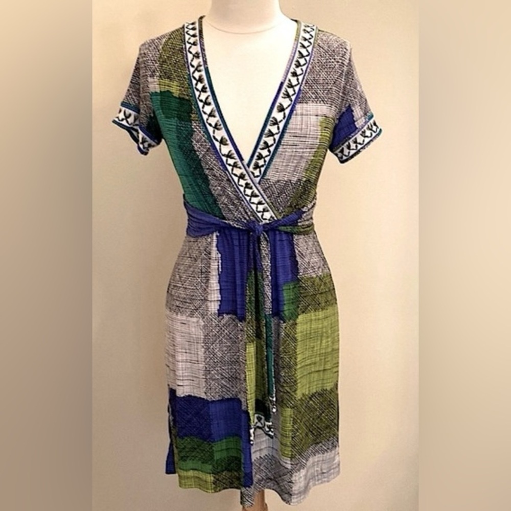 BCBGMAXAZRIA Blue Green Black Patchwork XS Retro Modern Contemporary Chic Dress